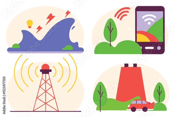 Obraz Whimsical Telecommunications Icons Network Tower, Smartphone with WiFi, Tsunami, and Industrial Chimney