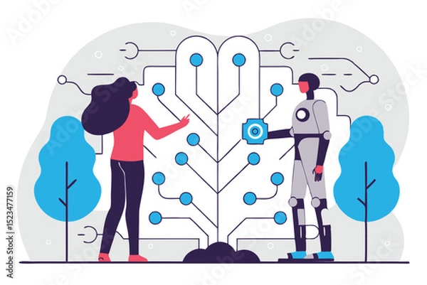 Obraz Woman Interacting with Robot Partner Near Neural Network Inspired Diagram, Nature and Technology