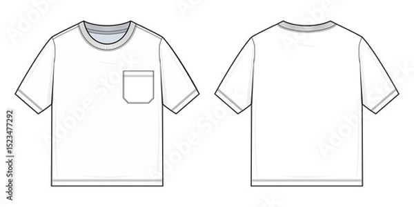 Fototapeta Crewneck Pocket T-Shirt Technical Fashion Illustration. Short Sleeve Tee with Chest Patch Pocket. Front and Back View. Casual Unisex T-Shirt Template. CAD Mockup set.