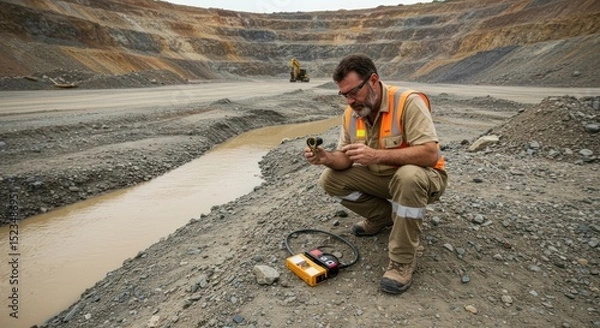 Fototapeta Environmental scientist analyzing water samples at a large open pit mine site