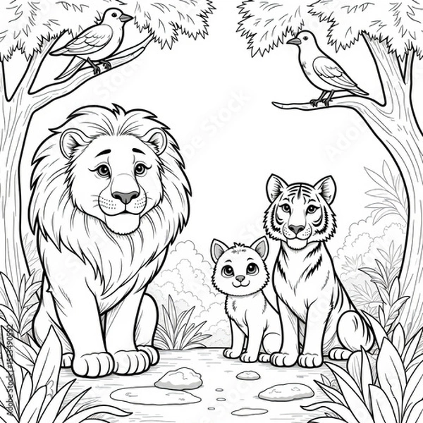 Fototapeta page of coloring book, group of animals in the forest