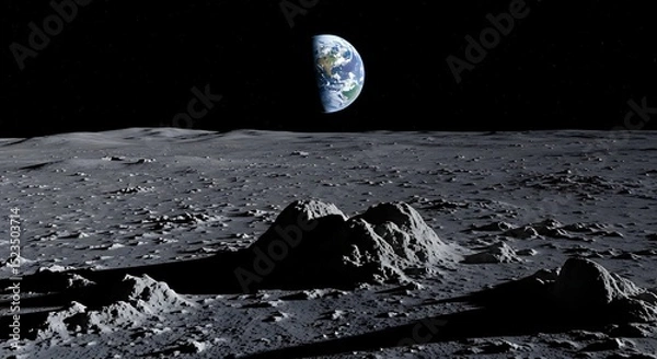 Fototapeta View of earth from the moon surface with craters and dark black background