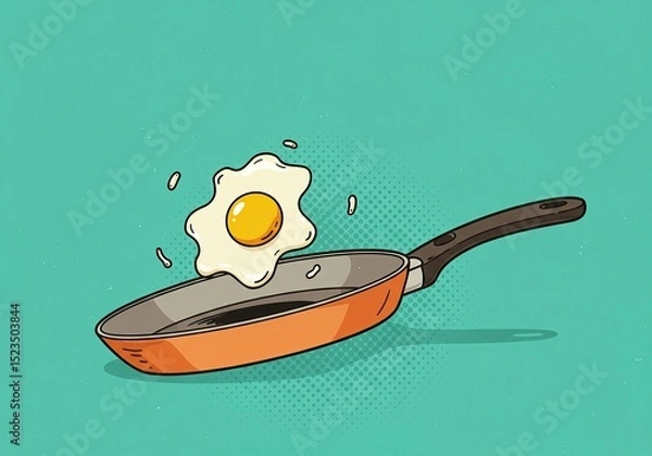 Fototapeta A fried egg floats above an orange frying pan on a teal background.  The illustration style is reminiscent of retro comic books.