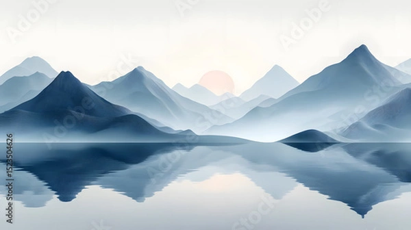 Fototapeta Abstract Vector Art of Wavy Grey and White Mountain Lines with Calm Lake, Soft Background, Calming Colors, Elegant Simplicity, Minimalist Design