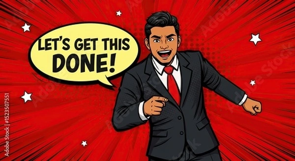 Fototapeta Motivated businessman in a pop art style illustration, wearing a suit and red tie, against a red background with radiating lines and speech bubble.