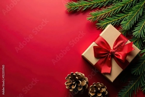 Fototapeta Rustic fir branches, pine cones, gift box on red , wood, xmas, design