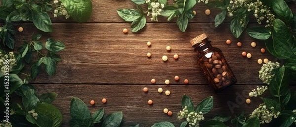 Fototapeta pills of herbal and leaves with bottle on top view of wood table concept in care and healthy strong body for maintaining health