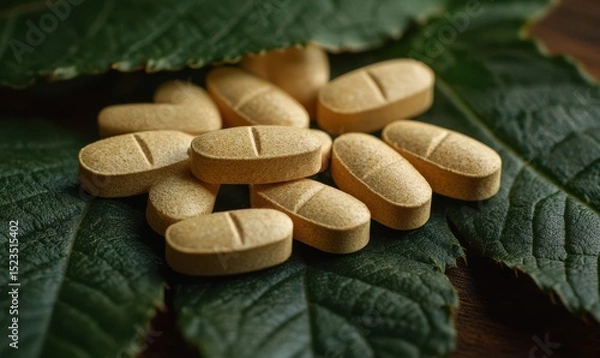 Fototapeta pills of herbal and leaves with bottle on top view of wood table concept in care and healthy strong body for maintaining health