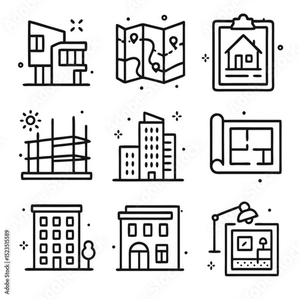 Fototapeta Architecture nine black and white line icons depict aspects of construction and architecture. Suitable for architectural websites and presentations.