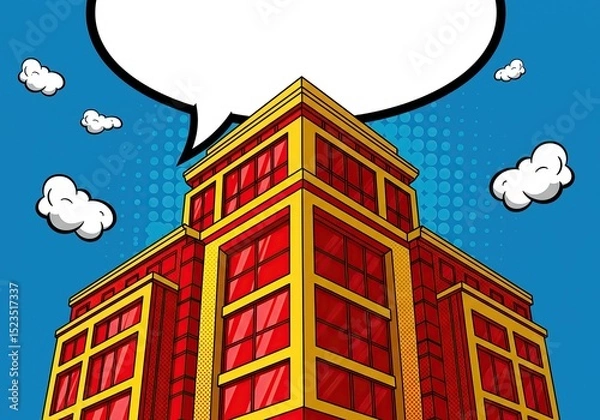 Fototapeta Pop art illustration of a red and gold building against a blue sky with speech bubble.