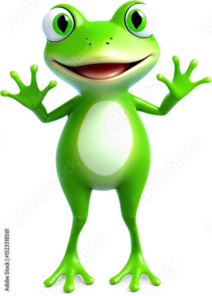 Obraz A bright green, happy frog, rendered in 3D style, stands tall with a broad smile and welcoming pose.