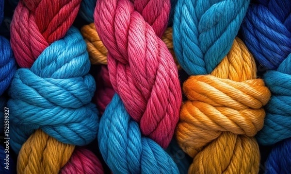 Fototapeta close up knot of rope, Team rope diverse strength connect partnership together teamwork unity communicate support. Strong diverse network rope team concept
