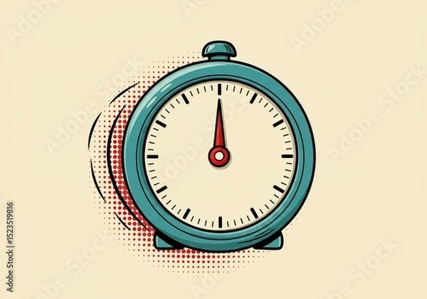 Fototapeta Retro teal alarm clock showing twelve o'clock, pixel art style, beige background, red and white halftone effect.