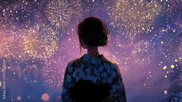 Obraz Background of a woman in a yukata with beautiful fireworks