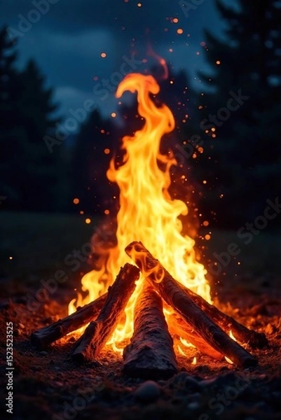 Obraz Close-up shot of a roaring bonfire, flames licking upwards against a dark night sky, embers glowing intensely Perfect for illustrating concepts of warmth, energy, power, and destruction , sky, sparks