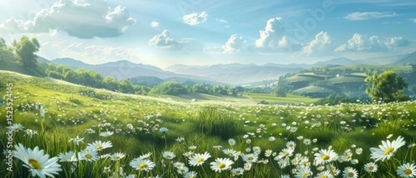Fototapeta Beautiful spring and summer natural panoramic pastoral landscape with blooming field of daisies in the grass in the hilly countryside
