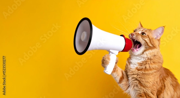 Fototapeta cat shouting with megaphone with copy space design announcement 
