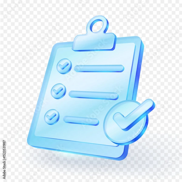 Fototapeta 3D clipboard checklist icon. Glossy glass material with check mark and big circle check symbol. Suitable for business productivity, work apps and planning visuals. Vector illustration.