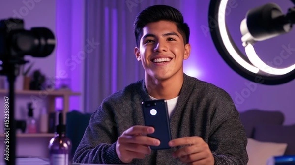 Obraz A young content creator smiles while looking at their smartphone during a live stream.