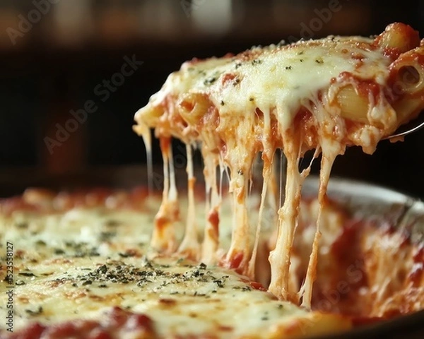 Obraz A cheesy, saucy, and delicious dish of baked pasta with melted mozzarella.