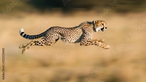Obraz A cheetah in full flight across the golden savanna.