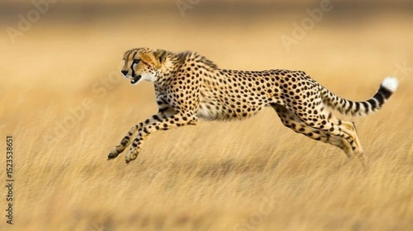 Obraz A cheetah in full stride across a golden savanna.
