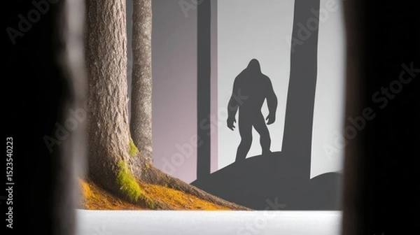 Obraz Silhouette of Bigfoot Figure in Misty Forest Viewed Through Trees