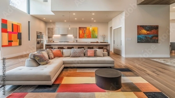 Obraz A modern open-concept living area with an open kitchen.