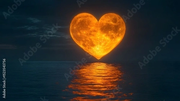 Fototapeta A heart shaped moon glowing in the night sky with a calm sea reflecting the light below