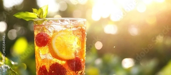 Obraz Refreshing iced tea drink garnished with raspberries and lemon.