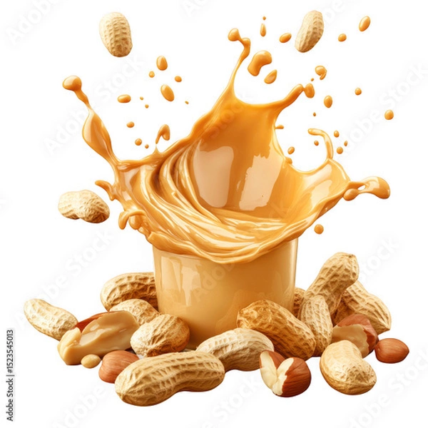 Fototapeta Peanut butter splash with peanuts around the jar isolated on transparent background