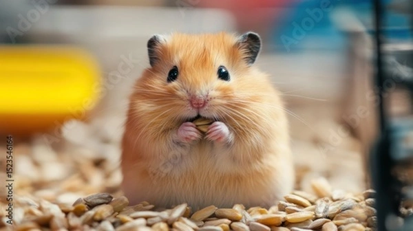 Obraz A fluffy hamster happily munching on seeds in its cage.
