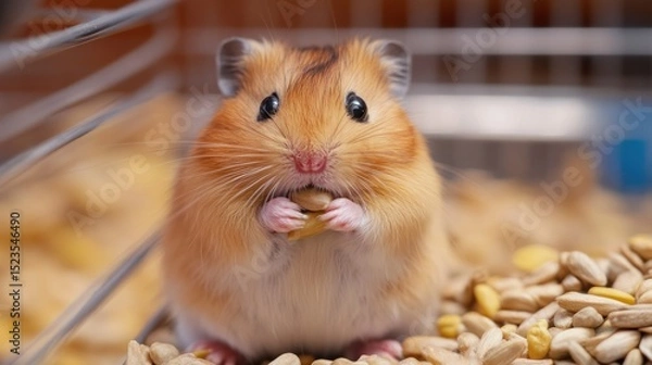 Obraz A golden hamster happily munches on seeds in its cage.