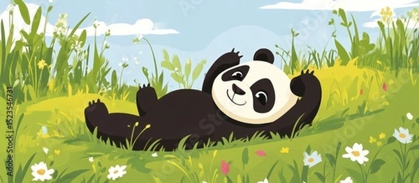 Obraz A happy panda rests in a grassy field full of flowers.