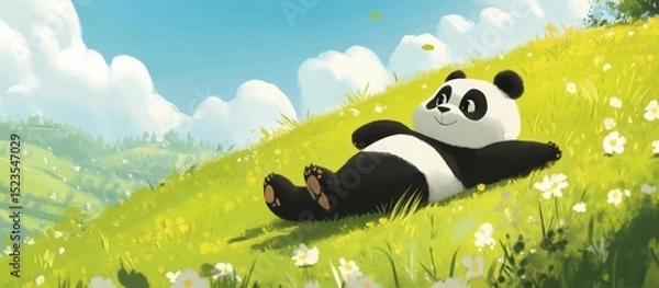 Obraz A happy panda rests peacefully in a grassy field.