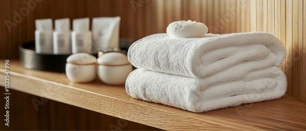 Fototapeta A plush, soft white towel neatly folded on a wooden shelf, surrounded by calming spa essentials, radiating a sense of comfort and luxury


