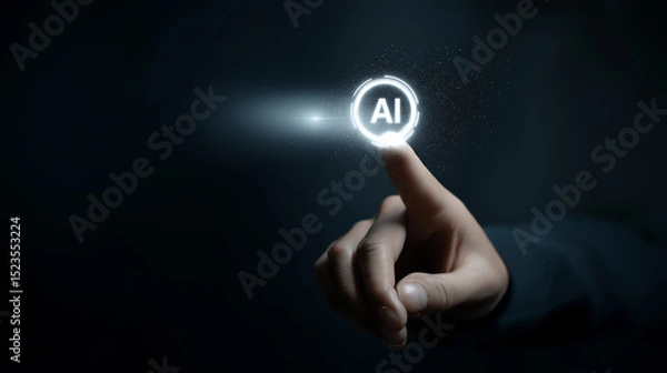 Fototapeta Close-up of a finger pressing a glowing AI icon in a dark digital environment.
