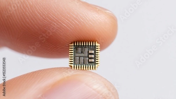 Fototapeta Fingers delicately pinching a very small nano chip, captured in a macro studio shot detail.