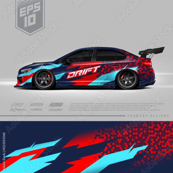 Fototapeta Racing car wrap design vector. Graphic abstract stripe racing background kit designs for wrap vehicle, race car, rally, adventure and livery. Full vector eps 10