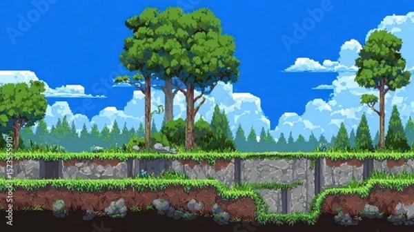 Obraz Pixel Art Forest Landscape with Towering Trees, Layered Cliffs and Bright Sky - 2D Game Background.