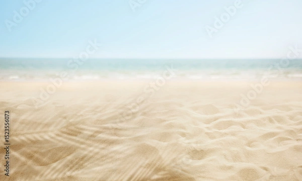 Fototapeta Smooth blur Scene of tropical beach with shadow of coconut tree leaf on clean sandy.Summer and holiday
