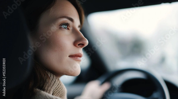 Fototapeta Close-up profile of a woman driving a car at night, illuminated by city lights, with a calm yet focused expression.
