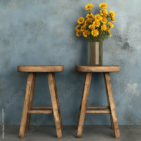 Obraz Rustic Wooden Stools and Yellow Flowers 3D Render