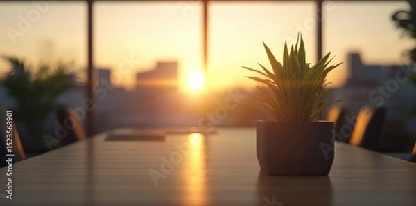 Fototapeta Serene workspace plant during sunset for motivational and inspirational vibes