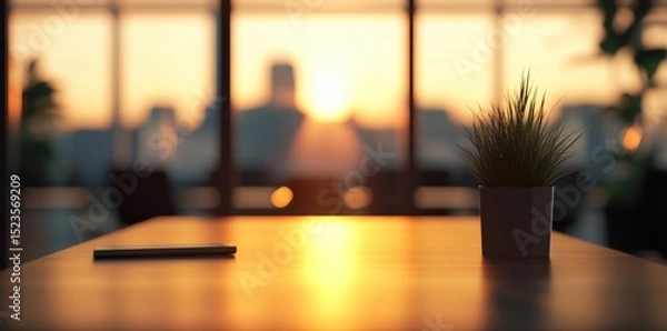 Fototapeta Serene Office Sunset Smartphone and Potted Plant in Golden Light, Ideal for Business Concepts and Relaxation