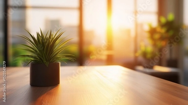 Fototapeta Interior Decoration Plant on Wooden Desk, Modern Minimalist Design for Relaxing Ambiance