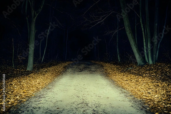 Obraz Night Forest Path, Autumn Leaves, Dark Trees, Nature Illustration