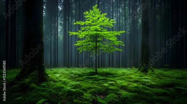 Obraz Luminous Sapling in Misty Forest Illustration