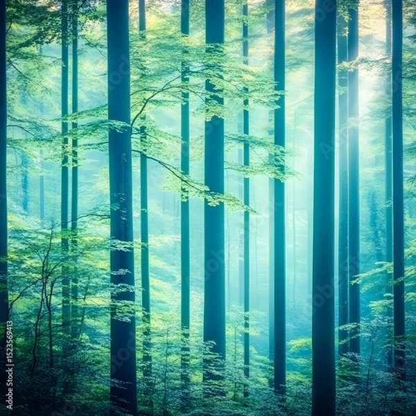 Obraz Enchanted Forest Illustration: Teal Trees and Green Canopy