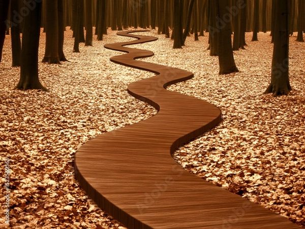 Obraz Winding Wooden Path Autumn Forest Illustration
